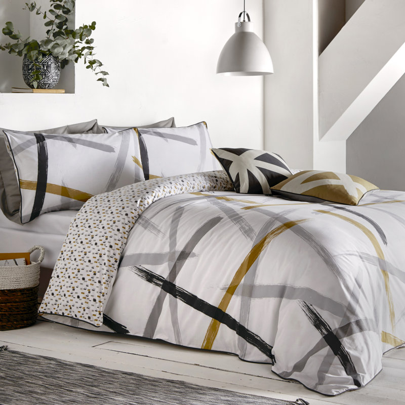 Cotton Geometric Shapes Duvet Cover Set with Pillowcases Included, Single Duvet Cover + 1 Standard Pillowcase, Grey/Yellow