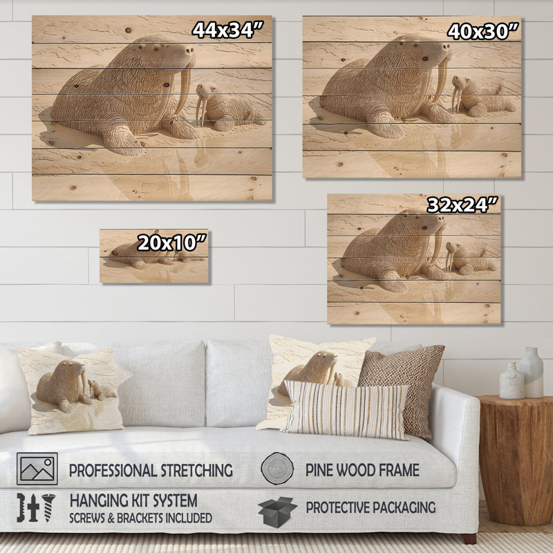 Morse, scène nautique en été I - Art mural moderne sur bois de pin naturel, H 24 po x l 32 po x P 0,78 po