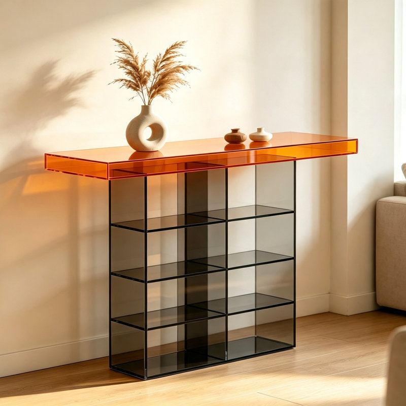 Table console en acrylique avec dessus orange, H 29,53 po x l 47,24 po x P 13,78 po