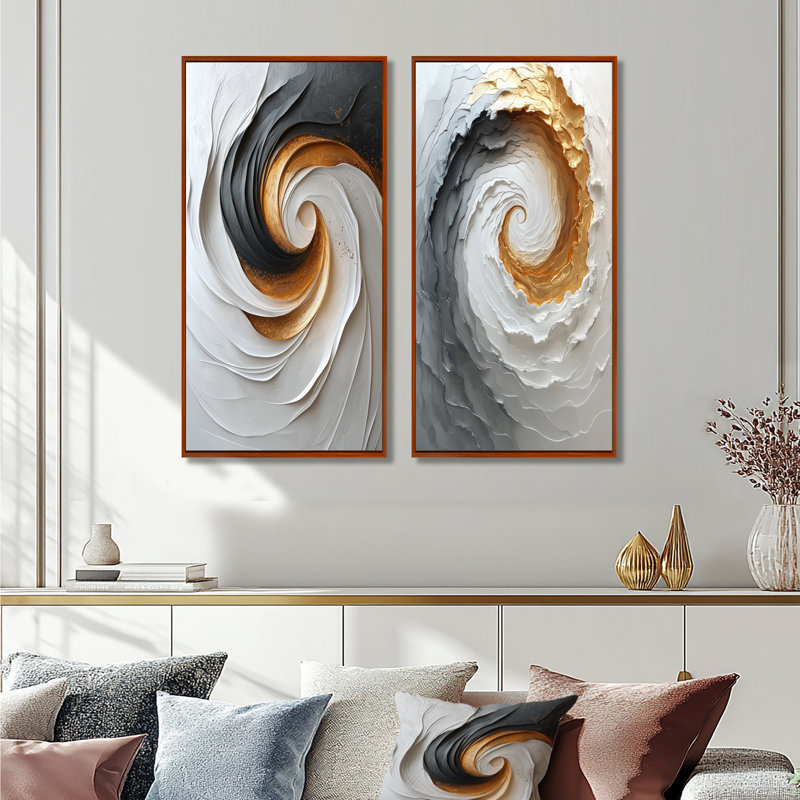 Tornade blanche et dorée abstraite I - ensemble de 2 pièces d'art abstrait en spirales, H 40 po x l 40 po