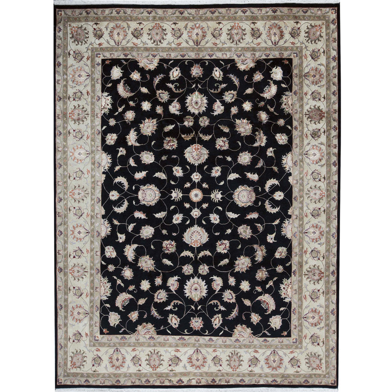 Tapis noir et ivoire de haute qualité noué à la main