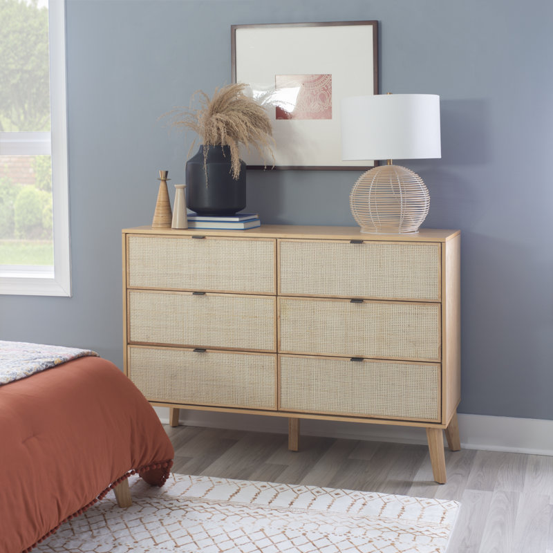 Raenada Mid Century Natural 6 Drawer 50" Cane Front Dresser