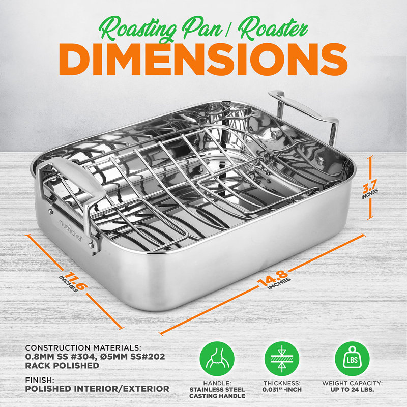  Plat à rôtir de cuisine en acier inoxydable de 14 pouces avec grille en métal poli - Ensemble de cuisson polyvalent pour la dinde, le poulet, les viandes et plus - Rôtissoire de qualité supérieure et robuste pour four avec poignées intégrées