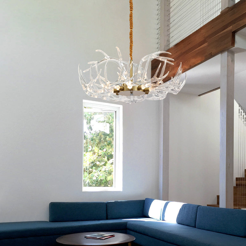 Acrylic Antler Chandelier Ceiling Light Fixtures, Clear Deer Antler Chandelier Lighting, Dimmable Deer Horn Pendant Light - Curved Antler & 31.5" Single Tier 12 Lights
