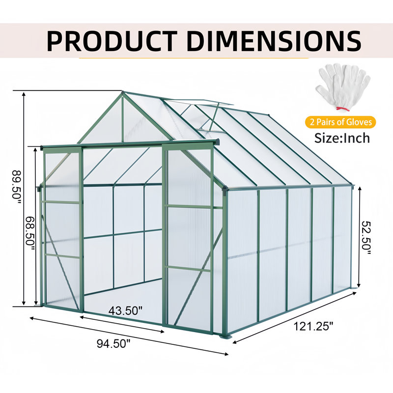 8X10Ft Double Door Polycarbonate Greenhouse Raised Base And Anchor Aluminum Heavy Duty Walk-In Greenhouses For Outdoor Backyard In All Season