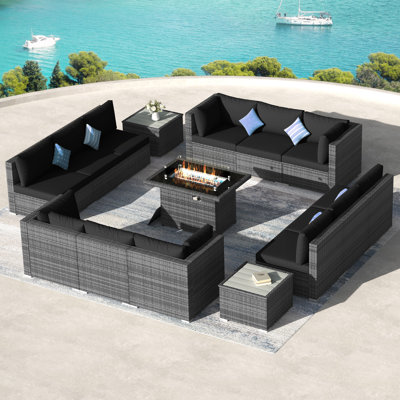 15-Piece Outdoor Modular PE Wicker Sectional Conversation Set with 43" Propane Fire Pit Table, 2 Side Tables & Cushions