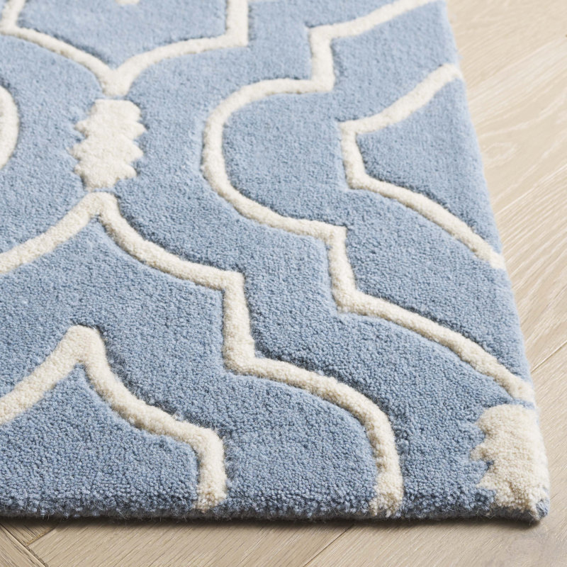 Blue and Ivory Hand-Tufted Wool Geometric Rug