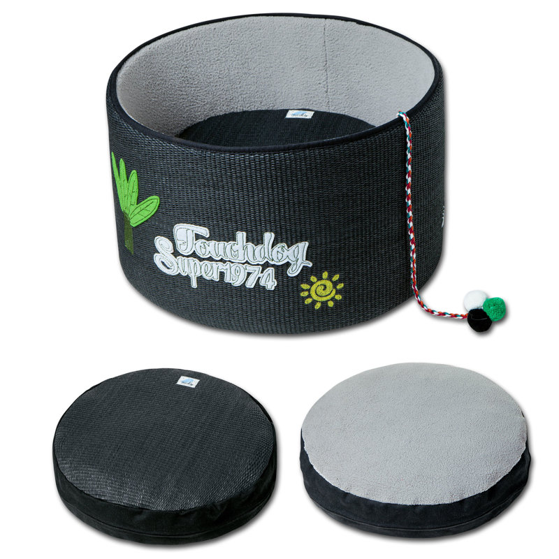 Black Round Wool Cat Bed with Teaser Toy