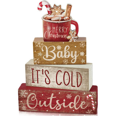Lot de 4 panneaux de table en bois à étages, décoration pour tasses de chocolat chaud | Centres de table empilables, décor rustique de style ferme, blocs de bois sur le thème « Il fait froid dehors »