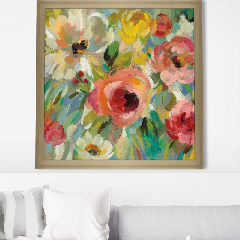 Vivid Coral Floral I I - Painting, Champagne Framed, 31.5" H x 31.5" W x 1" D