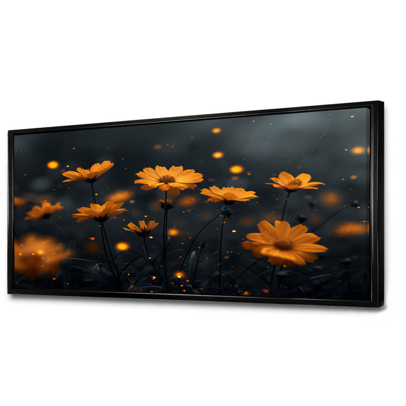 Jaune et noir, heure dorée, bleuet II - Art mural bleuets, Cadre flottant noir, H 28 po x l 60 po