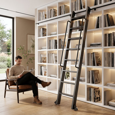 Échelle de bibliothèque roulante 94,5 "avec rail de 8 pieds, mains courantes doubles et roulettes verrouillables