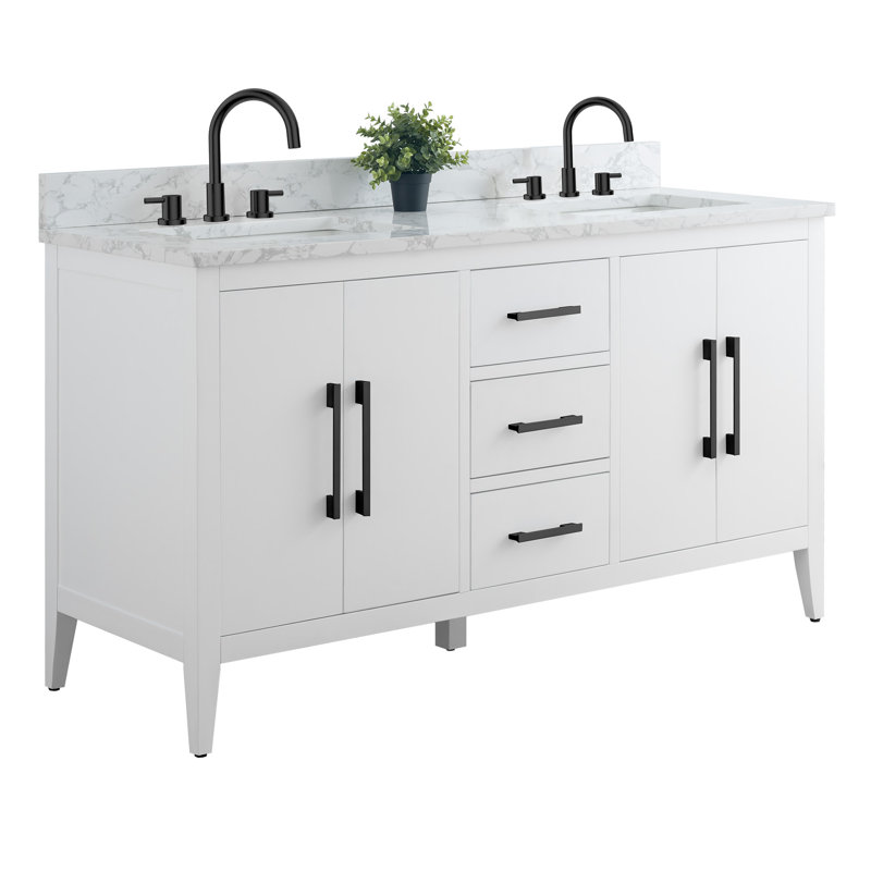 Chambery 60" Double Sink Bathroom Vanity with Engineered Marble Top, White, Matte Black