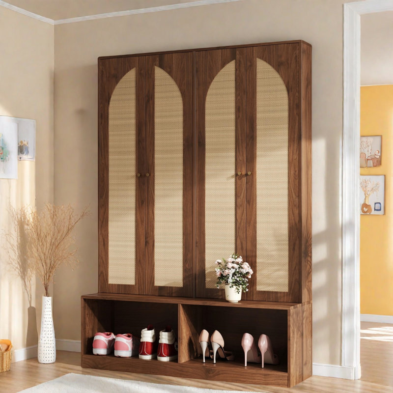 Farmhouse Widen Hall Tree With 4 Rattan Doors, Seating Bench, 6 Hooks And Shoe Cabinet, Brown