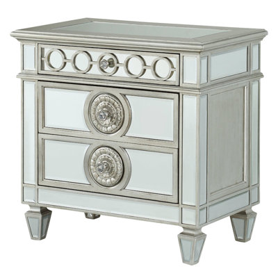 Mirrored Nightstand In Contemporary Style - Wooden Frame Glamorous Nightstand, Silver Exquisite Geometric Accents, Storage