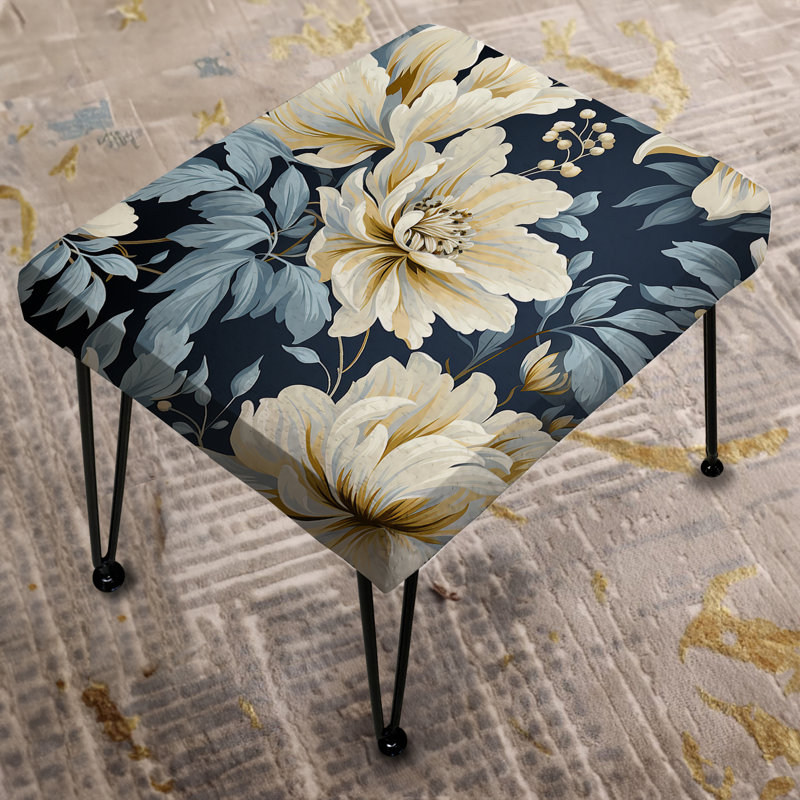 Beige And Blue Ornate Damask Dahlia - Floral Rectangle Ottoman