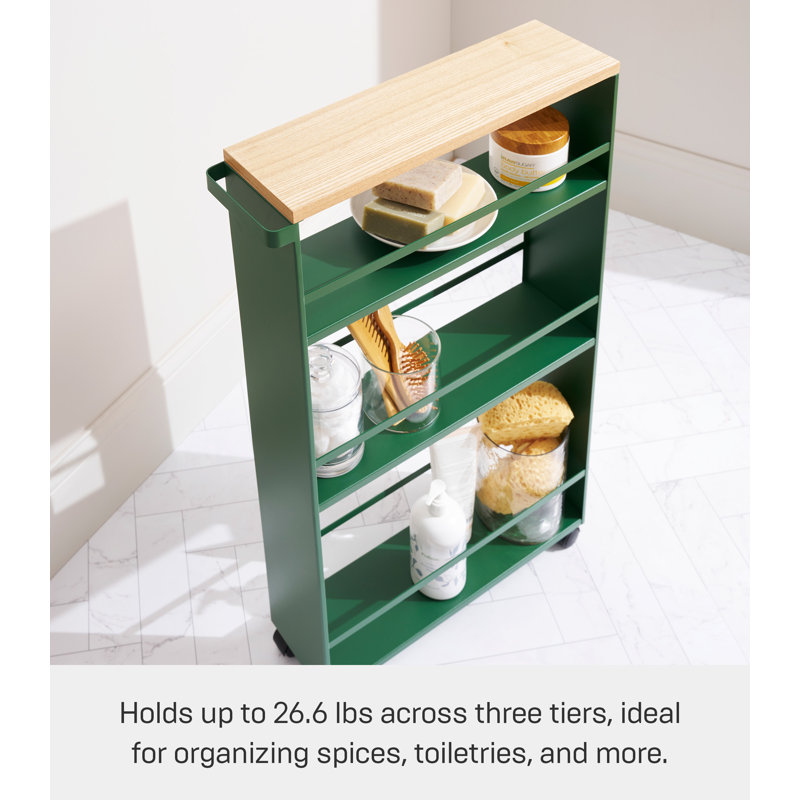 Forest Green Slim Rolling Three-Tier Storage Cart with Wooden Top