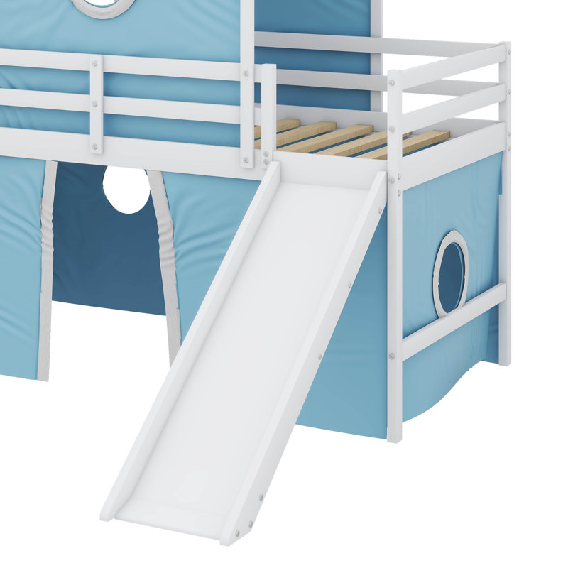 Twin Loft Bed Embellished With Slide And Turret, Blue