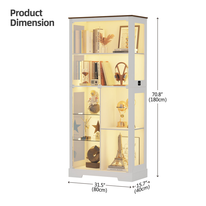 Vitrine moderne à DEL avec portes en verre, éclairage réglable et capteur de mouvement, Blanc