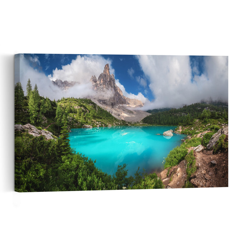 «Turquoise Mountain Lake Dramatic Peaceful Serene Forest Landscape», reproduction d'art, H 16 po x l 24 po