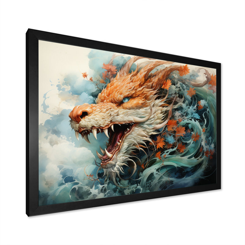 Asian Art Dragons Dance - reproduction d'art, H 16 po x l 32 po x P 1 po, Cadre photo noir