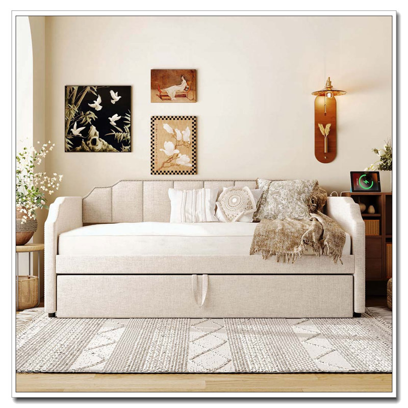 Lit de jour simple rembourré avec couchette escamotable et ports de chargement USB, Beige
