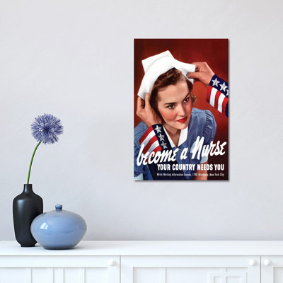 WWII Poster Of Uncle Sam Placing A Hat On A Smiling Nurse by Stocktrek Images - Wrapped Canvas Print