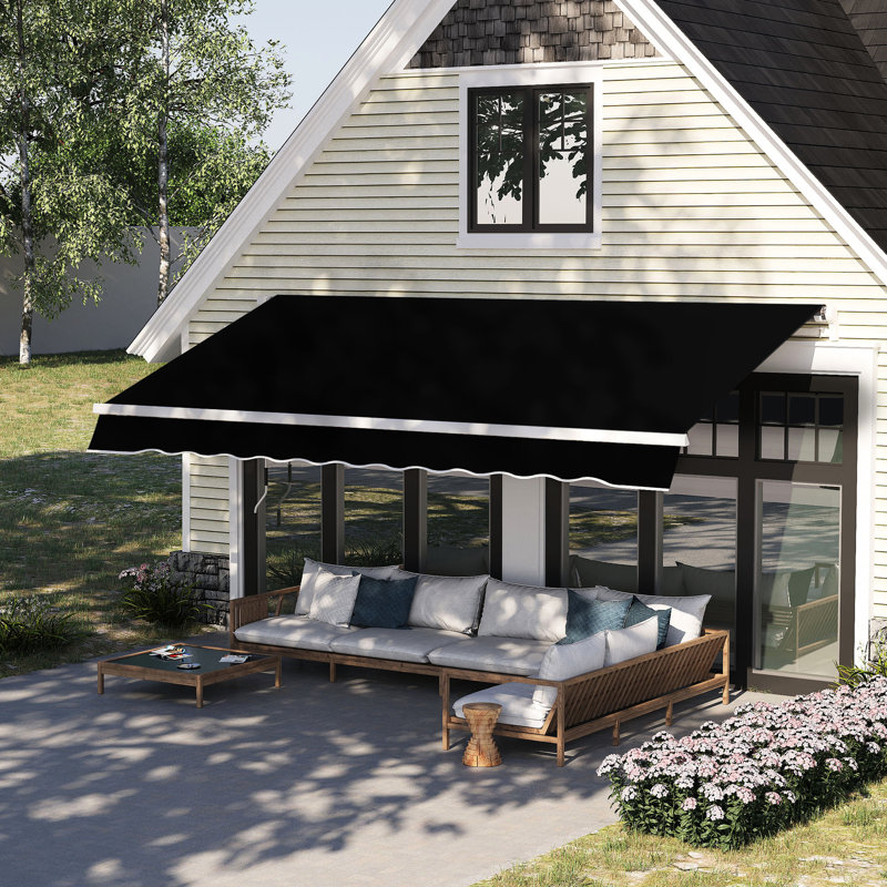 Auvent de terrasse rétractable manuel noir 8 pi x 7 pi. Ajustez pour réduire et chauffer, convient à différentes surfaces, avec