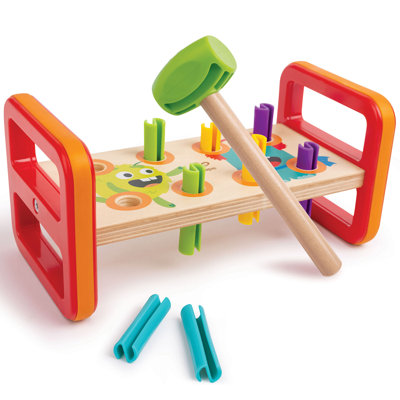 Hape: banc de jeu assorti en forme de marteau - jouet en bois, conception de monstre ludique, 8 chevilles de couleur, poignées de transport, enfants et tout-petits de 18 mois et plus