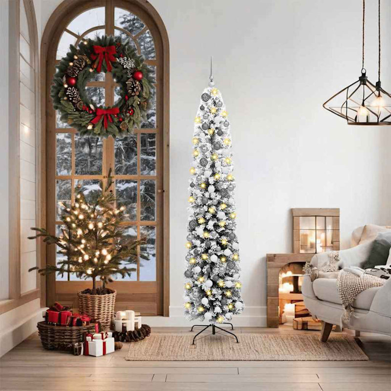 vidaXL Artificial Christmas Tree with 300 LEDs with Stand Green, 210 cm, with 300 Leds & 120 White/Grey Balls, Green/White