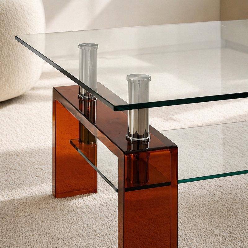 Table basse en verre trempé, table basse moderne en verre pour le salon, table basse avec rangement brun 2Tier, Brown