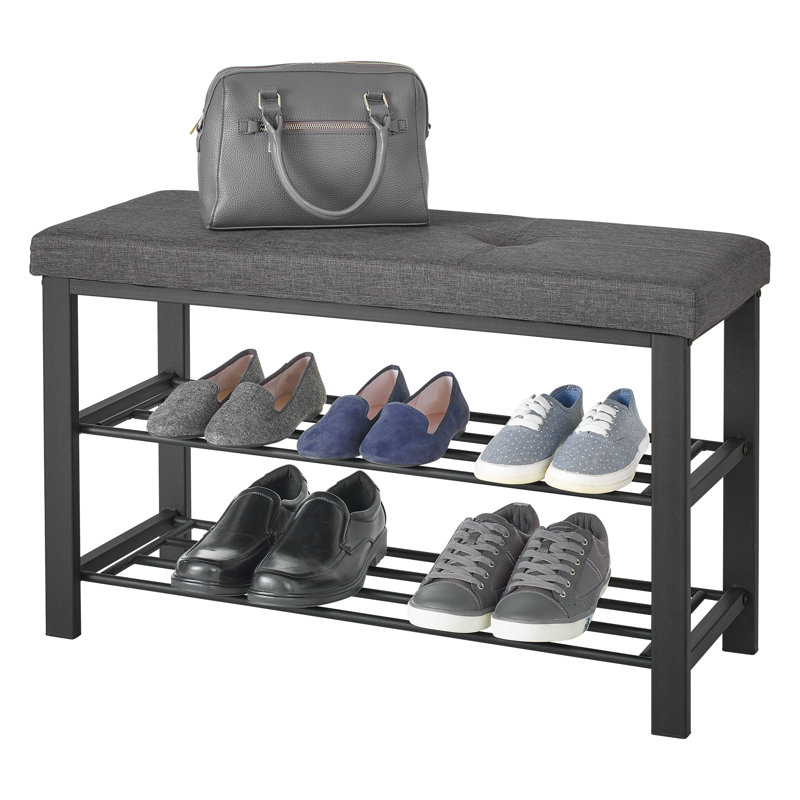 Dark Charcoal Upholstered Shoe Storage Bench with Metal Frame
