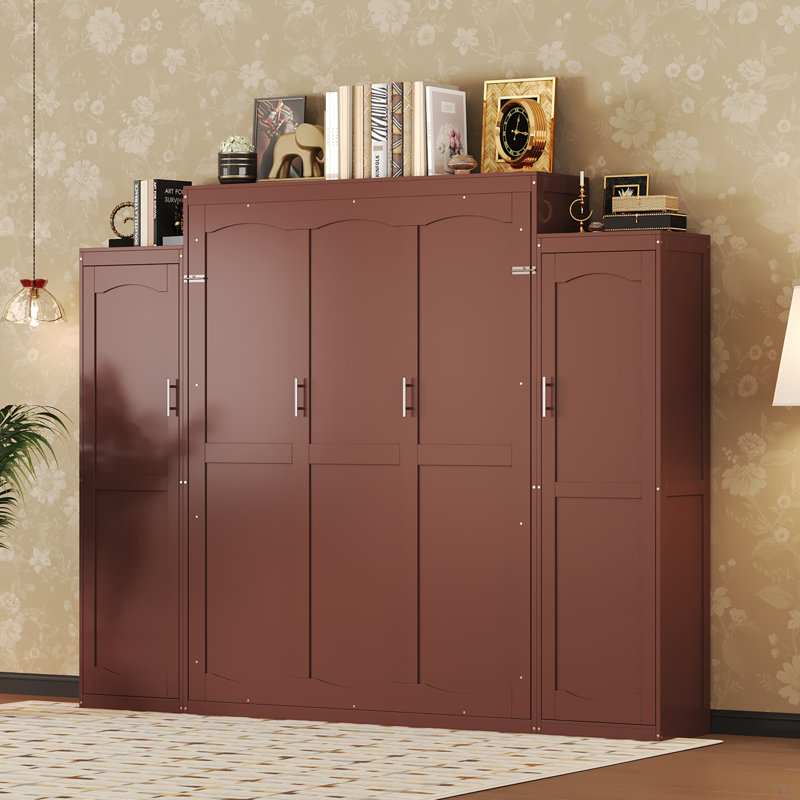 Lit escamotable, grand lit escamotable en bois avec 2 garde-robes et tablette de rangement, cadre de lit plateforme pliable multifonctionnel pour chambre d'amis, chambre à coucher