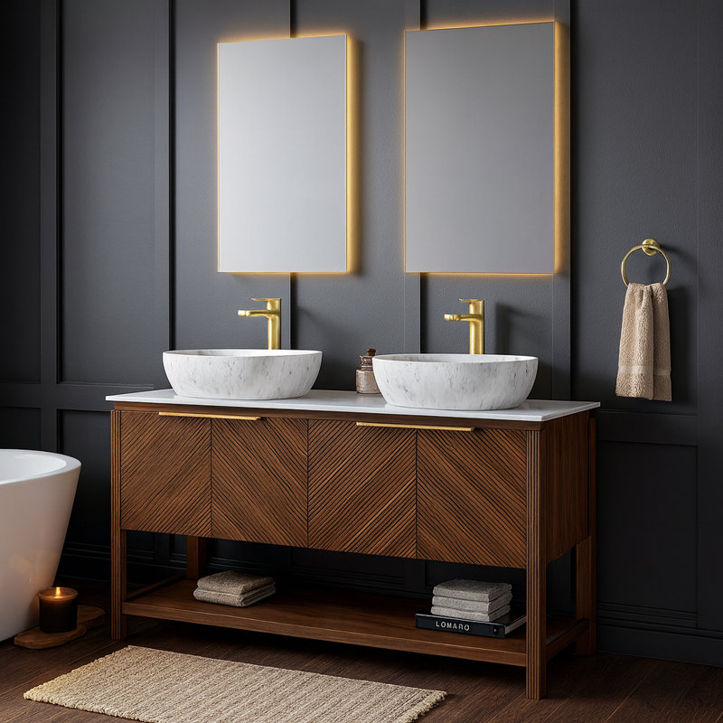 Meuble-lavabo autoportant moderne de 60 po avec lavabo vasque en marbre, plateau en pierre frittée Carrara et portes en bois cannelé, rangement à fermeture en douceur, noyer foncé