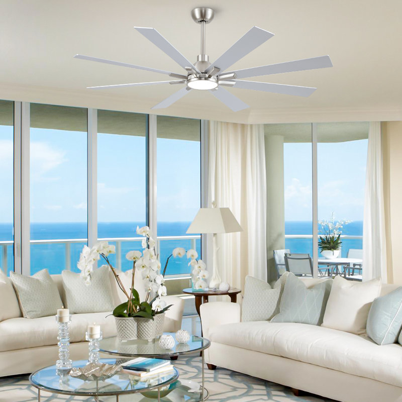 Farmhouse 8 Blade Indoor Windmill Ceiling Fan With LED Lights, Remote Control And Quiet DC Motor, 62" Wide, Silver