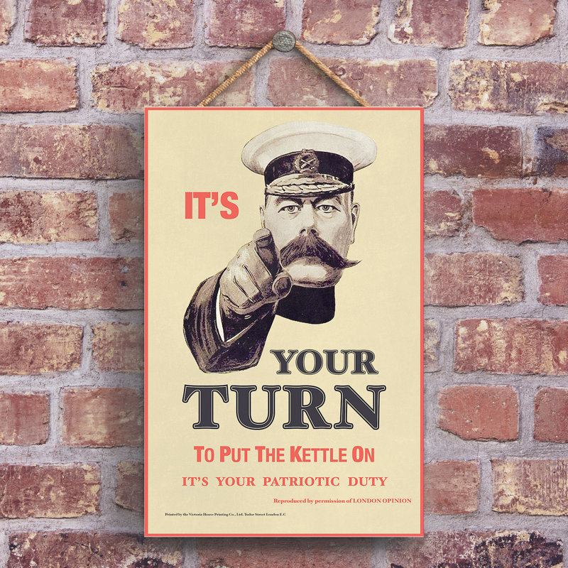 Lord Kitchener Kettle On Vintage Retro Poster Design On Wooden Plaque
