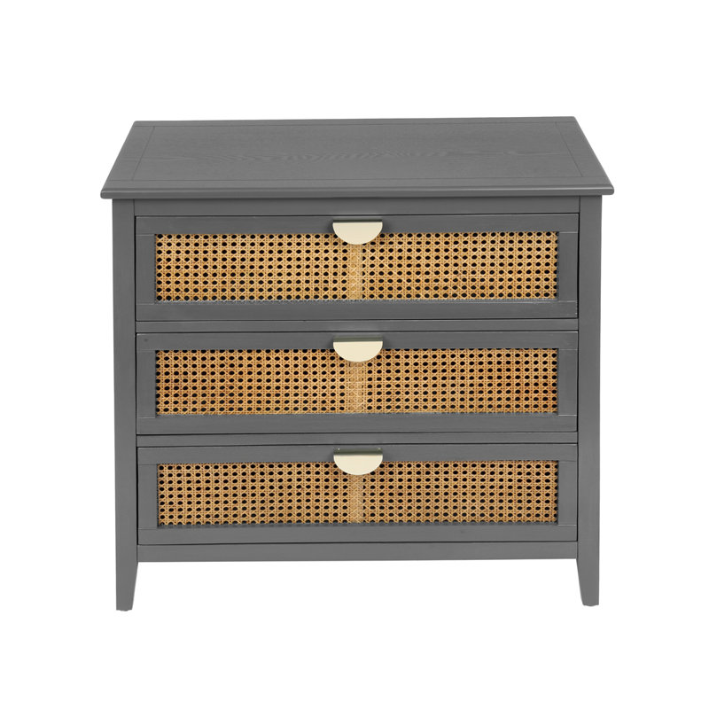 Chused 3 Drawer Accent Cabinet Dresser, Rattan Chest Drawers, Storage Cabinet with Metal Handles, Gray