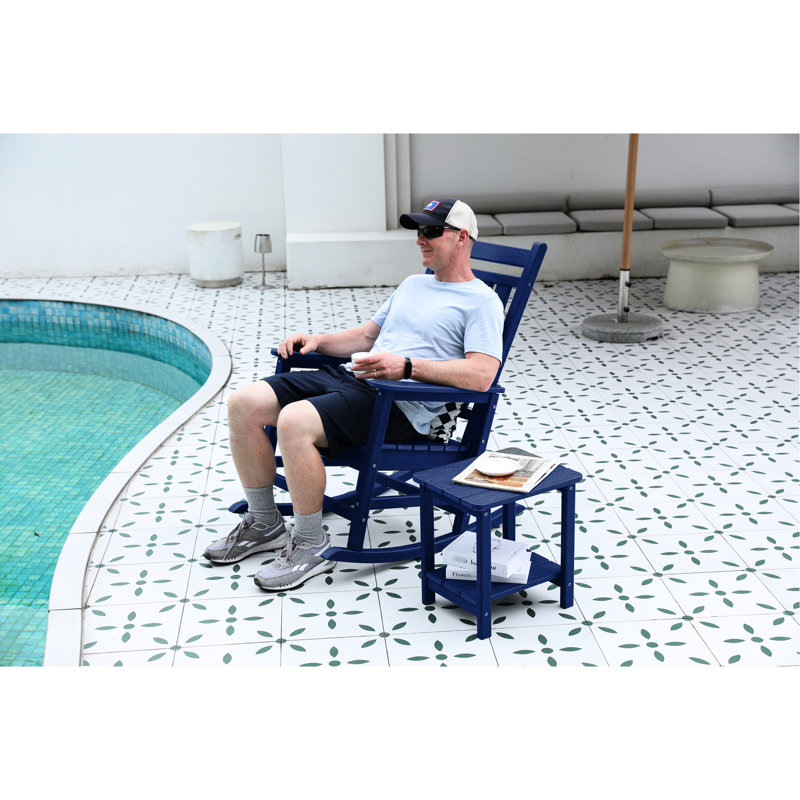 3 Rocking Chair With Side Table In Navy. Comfortable Ergonomic . Widened And Contoured Seat. 32.5"d X 25.9"w 41.7"h. Holds 380 Pounds. 30-min Partial Install. Constructed 304 Stainless Steel Navy