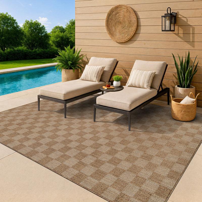 Checkered Sand/Natural Easy-Care Jute-Style Indoor/Outdoor Flat Woven Area Rug, Sand, Rectangle 7'10" x 10'