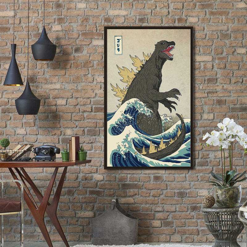 " The Great Monster Off Kanagawa " by Michael Buxton, Espresso Floater Frame, 33.5" H x 21.5" W x 2" D