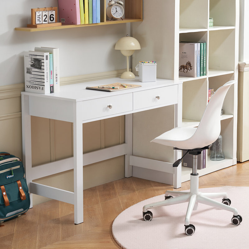 Small Desk with Drawers, Kids Desk for Bedroom, Modern Simple Study Table for Drawing, Reading, Writing, Rectangle MDF Furniture Study Storage Table for Home, Office, White