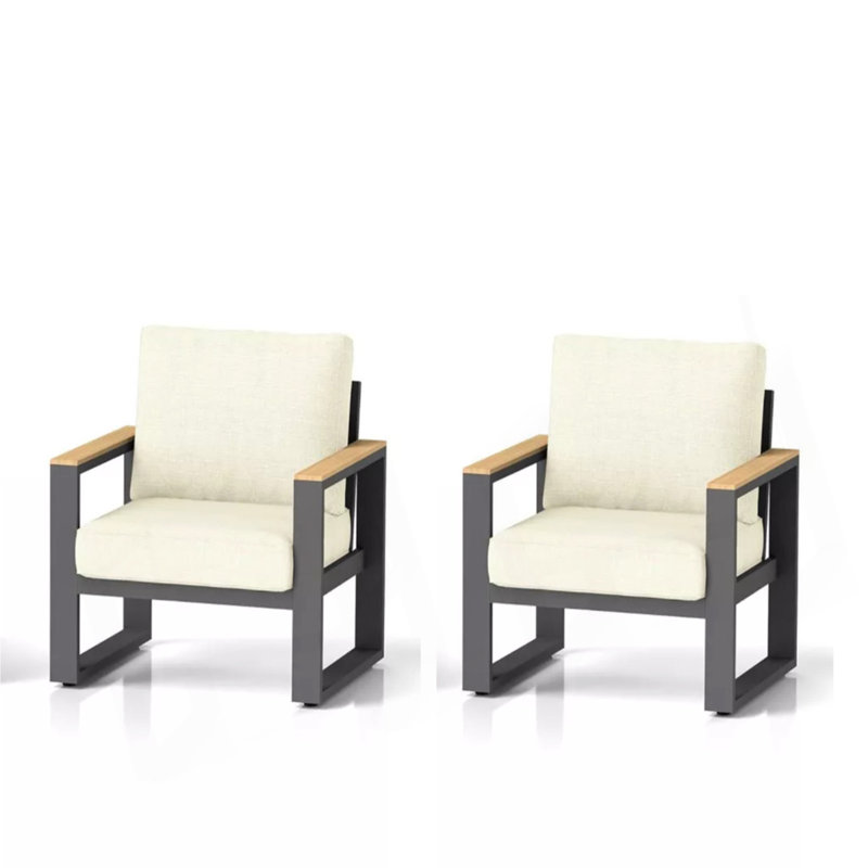 Set of 2 26.6" All-Weather Aluminum Patio Armchairs with Thick Cushions, Beige+Black, Beige+Black