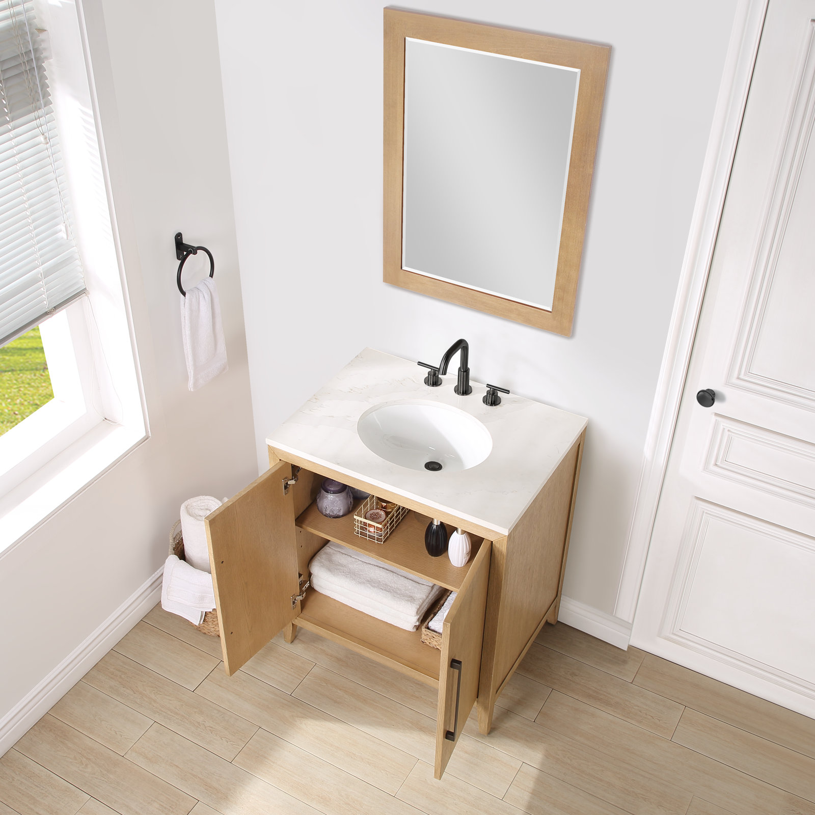 Alsup 30" Acacia Single Bathroom Vanity, White, Wire Brushed Oak