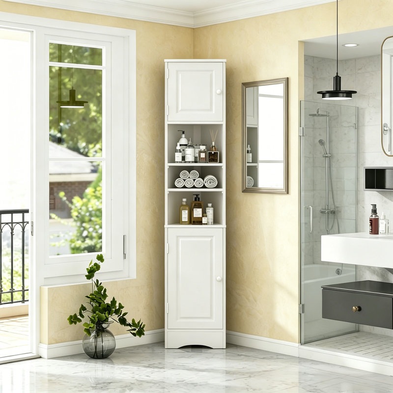 Armoire de rangement haute d'angle avec tablettes ouvertes, White