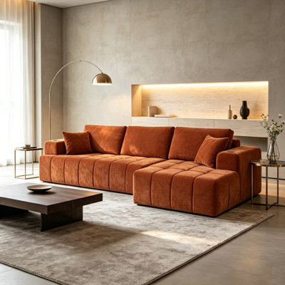 108" Orange L‑Shaped Modular Chenille Sectional Sofa, 4‑Seat Cloud Compression Couch with Right Chaise, Cup Holders and Side Pockets, No‑Assembly Upholstered Sofa for Living Room Apartment