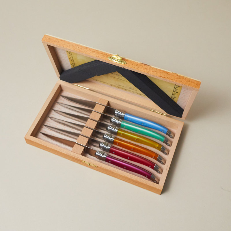 Ensemble de 6 couteaux à steak Laguiole, boîte de présentation arc-en-bois, Multi Colour