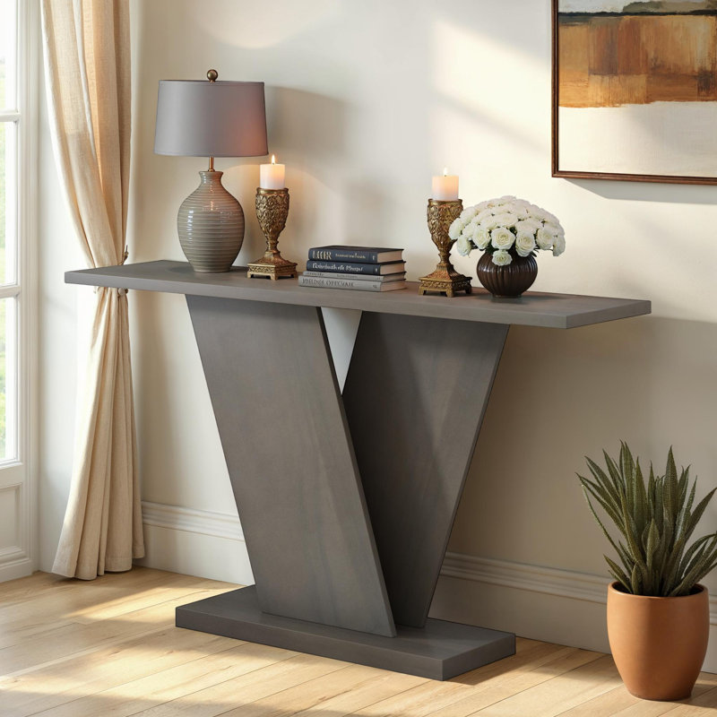 V-Base Console Table with Spacious Top, 220 lbs Capacity, Gray Wood