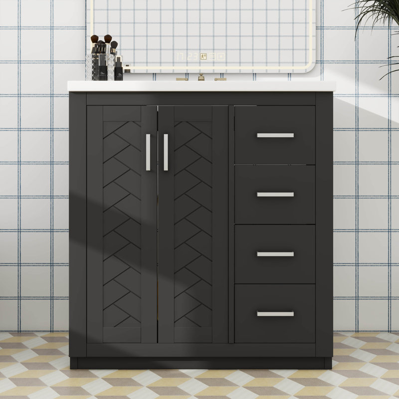 Ensemble de meuble-lavabo de 30 po avec lavabo en céramique, 3 tiroirs et portes à fermeture en douceur inclus, Noir