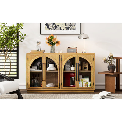 Large Arched 4-Door Storage Sideboard With Glass Doors, Adjustable Shelf Heights, Natural Wood, Retro Style, Oak Veneer, Rubber Wood Frame, Metal Handles, Cable Management, Magnetic Door Lock For