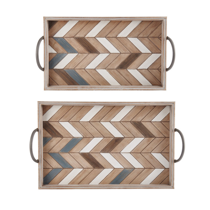 Nordic Rectangular Wood Parquet Trays with Metal Handles, Set of 2